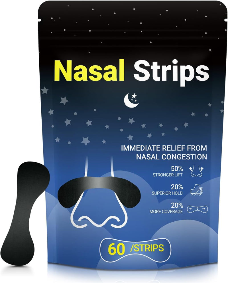 Nasal Strips for Snoring ‚Äì Extra Strength Nose Strips for Breathing Day and Night Use with Strong Adhesion Sweat Resistant Design ‚Äì Stops Snoring Improves Sleep and Workout Performance ‚Äì 60ct Black