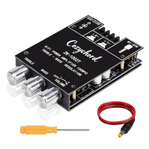 ZK-1002T Bluetooth 5.0 Stereo Amplifier Board, 200W HiFi 2.0 Channel Mini Audio Amp Module with Treble & Bass Control, AUX Input, DC 12V-24V for DIY Speakers,Home Audio ZK-1002T