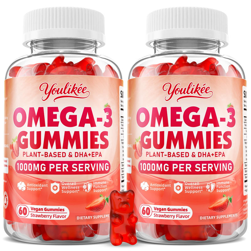 2 Pack Vegan Omega-3 Gummies 1000mg, Strawberry Flavor, 120 Count 60 Count (Pack of 2)