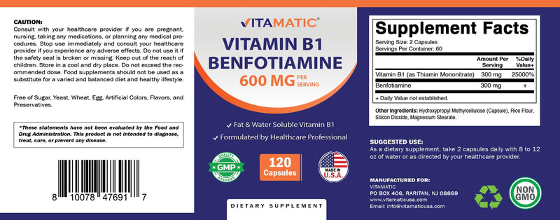 Vitamatic Benfotiamine 300mg + Vitamin B1 300 mg - 120 Vegetable Capsules - Made in the USA - Gluten Free - Non-GMO