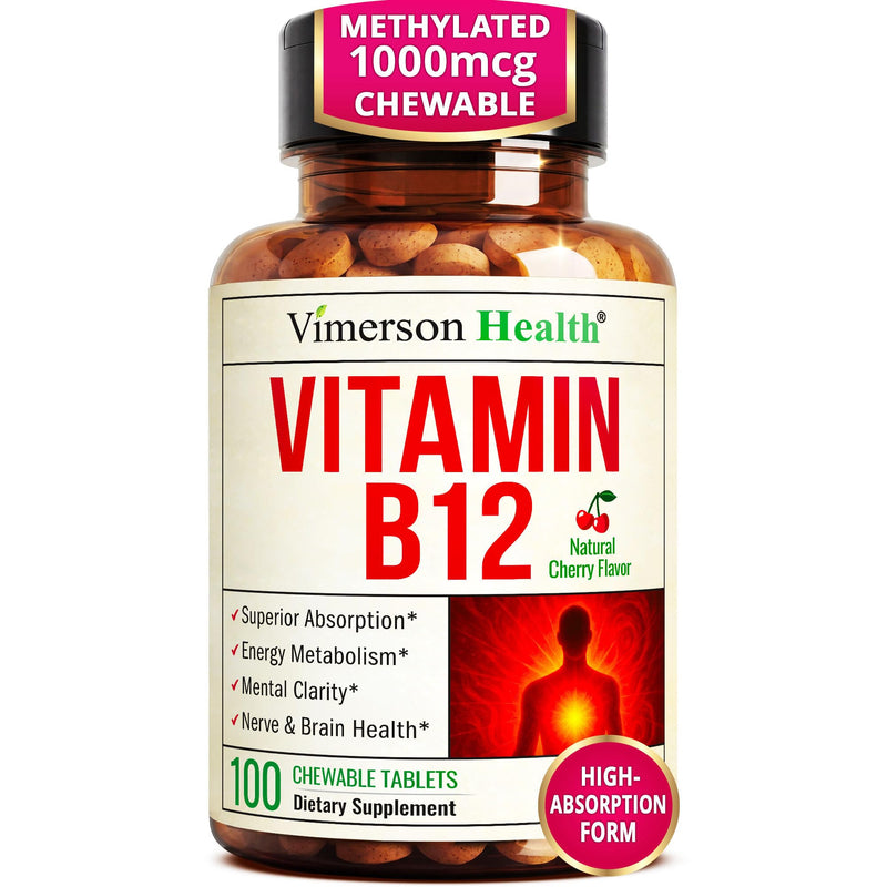 Vitamin B12 1000 mcg – Chewable Methylated B12 (Methylcobalamin B12) for Energy & Metabolism Support – Methylated B Complex for Superior Absorption – 100 Natural Cherry-Flavored Tablets - Vegan