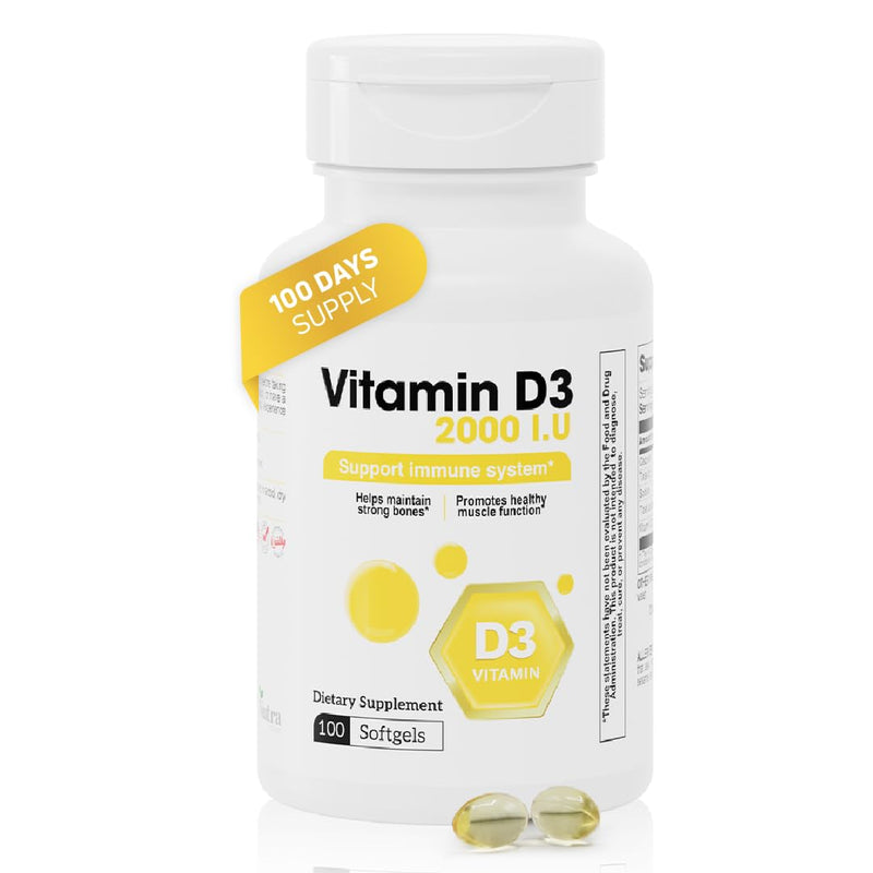 Vitamin D3 2000 IU Softgels Immune Bone Muscle Support 100 Count