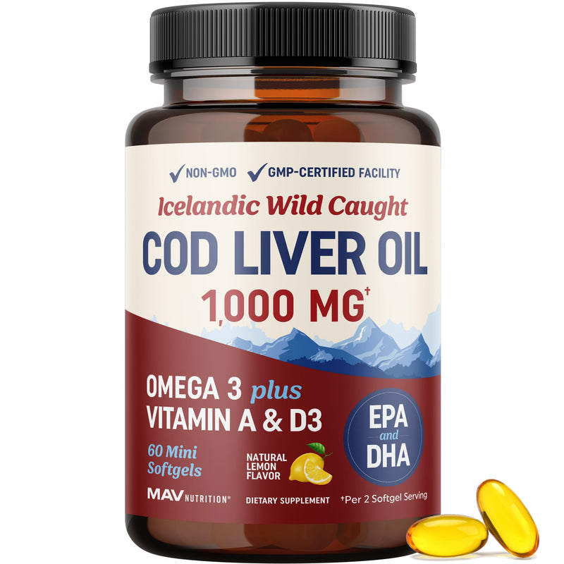 Cod Liver Oil Softgels 1000MG, Omega 3 + VIT A & D3, Wild Caught, Icelandic | Molecularly Distilled, Third-Party Tested, EPA DHA Omega 3 Supplement for Bone Eye & Immune Health, 60 Cod Liver Oil Softgels