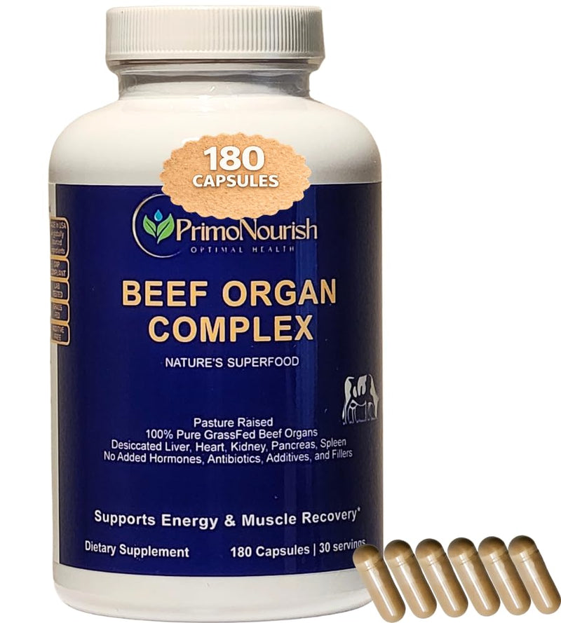 Grass-Fed Beef Organ Supplement for Energy & Vitality – Pasture-Raised Blend of Liver, Heart, Kidney, Pancreas & Spleen, 180 Capsules, Hormone-Free, Made in USA