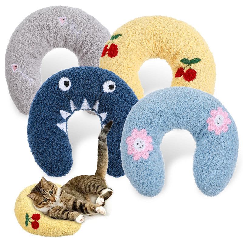 4 Pcs Pillows for Cats Puppy Bed, Soft Fluffy Pet Calming Toy, Half Donut U Shaped Pet Neck Pillow, Training Toy Joint Relief Cervical Protection (4 Patterns)