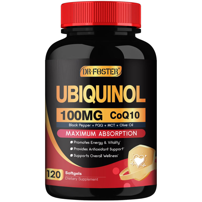 DRFOSTER CoQ10 Ubiquinol 100mg Supplement, Coenzyme Q10 120 Softgels | Maximum Absorption CoQ10, PQQ & MCT, Heart Support, Promotes Energy & Vitality, Antioxidant Support, Non-GMO, Gluten-Free 120 Count (Pack of 1)