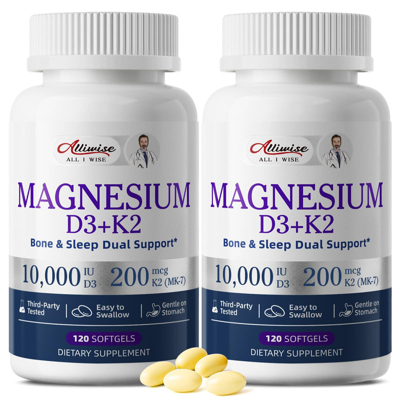 Magnesium Softgels with 10000IU Vitamin D3 + 200mcg K2 MK-7, 2Pack | Easy to Swallow high absorption Magnesium Small Pills, Support Daily Calcium, Sleep, Immune Health for Women/men 120 Count (Pack of 2)