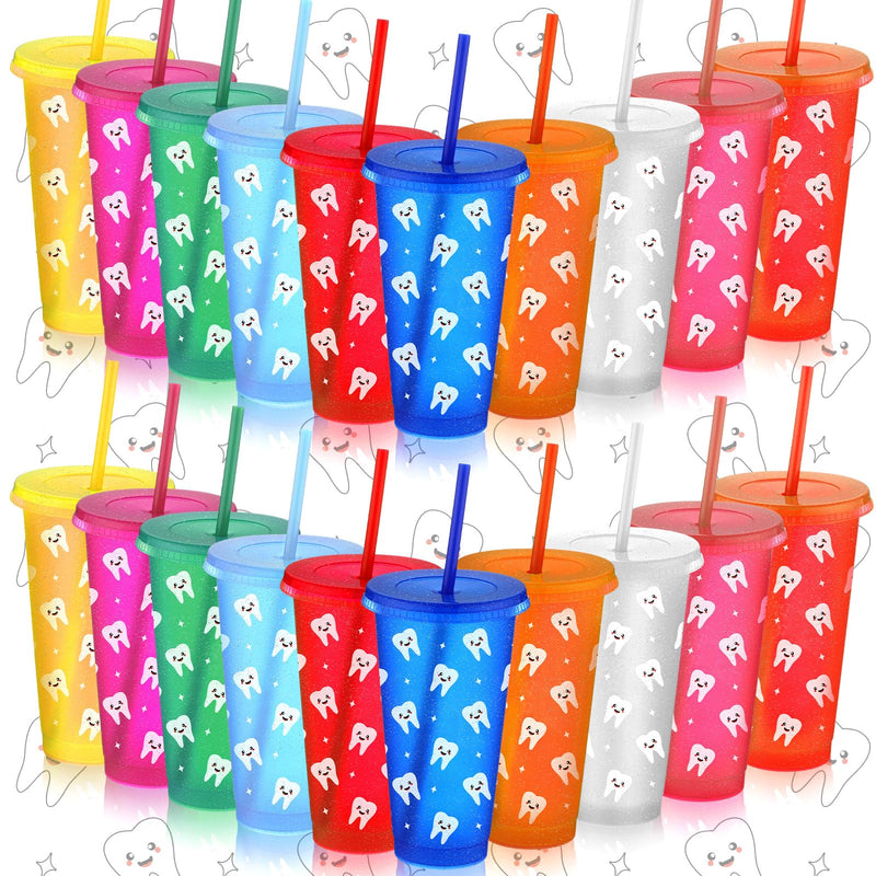Reallnaive 20 Pcs Dental Teeth Plastic Tumblers with Straw and Lids Bulk