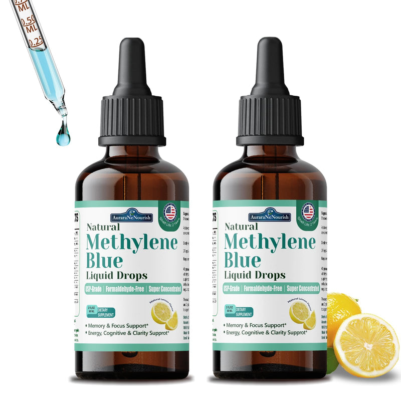 2 Pack Methylene Blue Drops for Humans Pharmaceutical Grade, 11-in-1 Brain Formula w. Vitamin C Ester, Cacao & Phosphatidylserine, Support Cognitive, Memory & Focus, Third Party, Formaldehyde-Free Lemon 2 Fl Oz (Pack of 2)