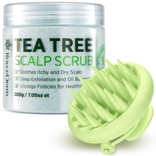 Roycederm Tea Tree Scalp Scrub with Scalp Massager Brush – Deep Cleansing & Exfoliating Pre-Shampoo Treatment for Dry, Flaky Scalp – Gently Refreshes, Hydrates & Balances Scalp
