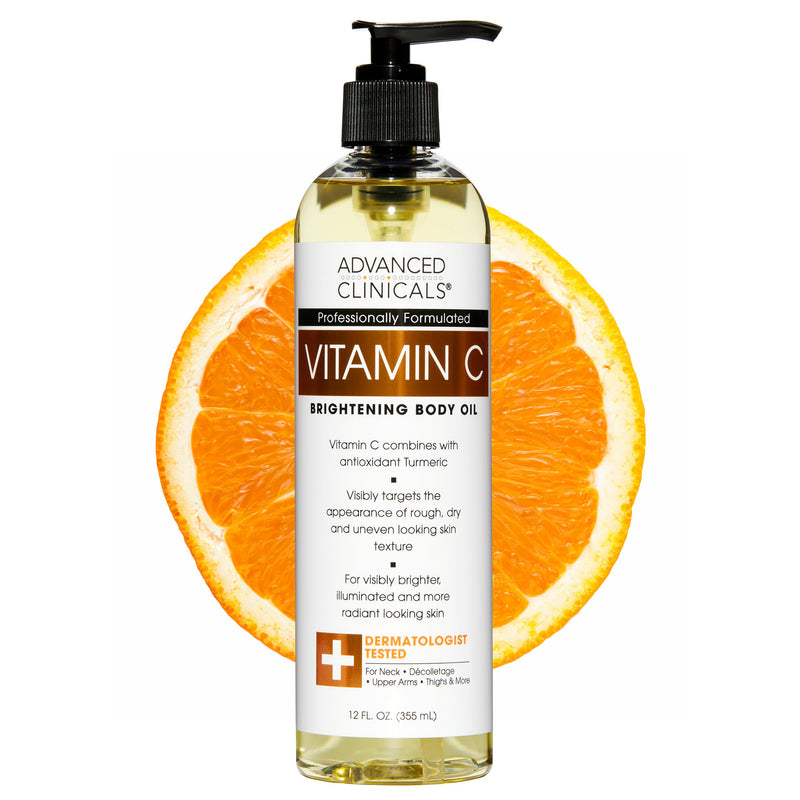 Advanced Clinicals Vitamin C Brightening Body Oil For Women & Men | Vitamin C Glow Oil Skin Care Body Moisturizer With Vitamin E + Botanicals To Help Improve Look Of Dark Spots + Dry Skin, 12 Fl Oz 12 Fl Oz (Pack of 1)