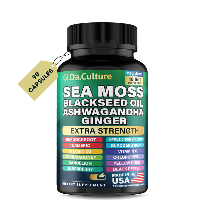 Organic Sea Moss Capsules (90 Count) ‚Äì Monthly Supply with Black Seed Oil, Ashwagandha, Ginger, Burdock, Bladderwrack & Turmeric ‚Äì 102 Essential Vitamins for Energy, Focus & Immunity