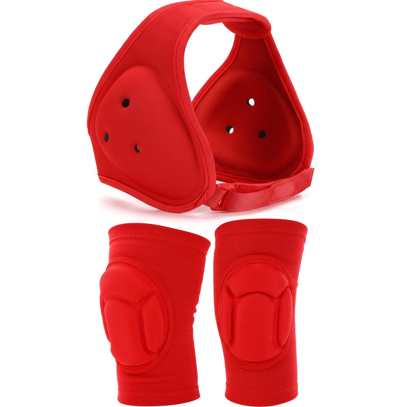 Wrestling Headgear for Kids Youth with Protective Knee Pads Soft Grappling Headgear Wrestling Ear Protection Thick Sponge Anti Slip Knee Sleeve for Sparring Brazilian Jiu Jitsu Red