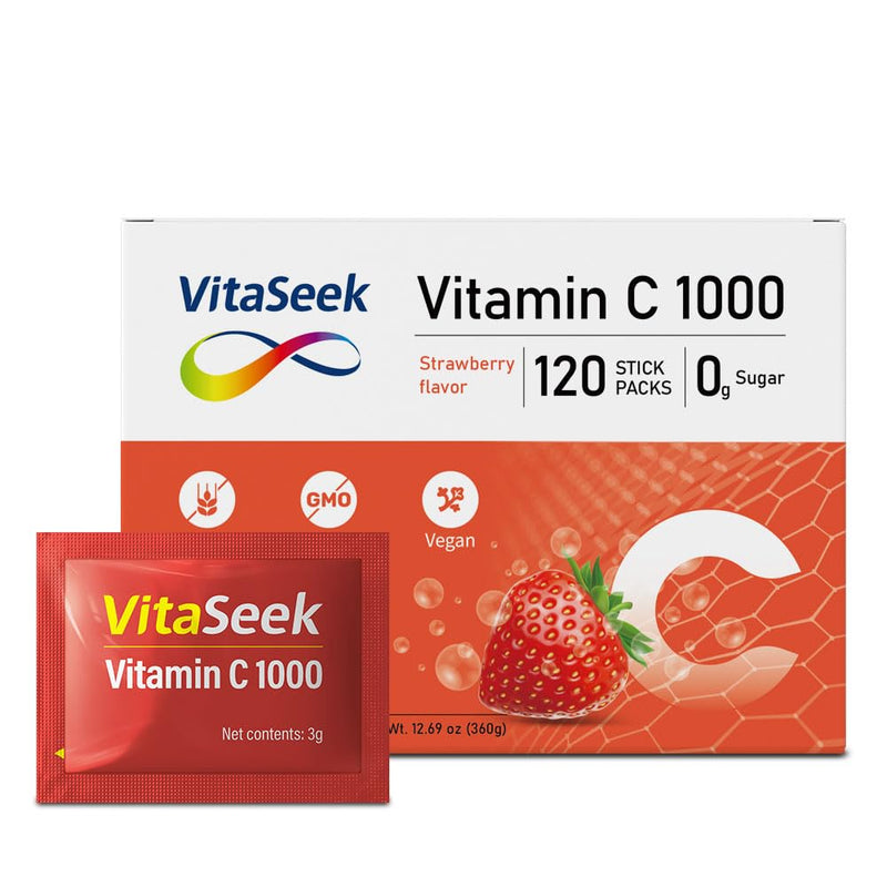Vitamin C 1000mg Powder Packets Sugar Free Drink Mix Individual Serving Sticks Strawberry Flavors On The Go Immune Support for Adults 120 Count 120 sticks