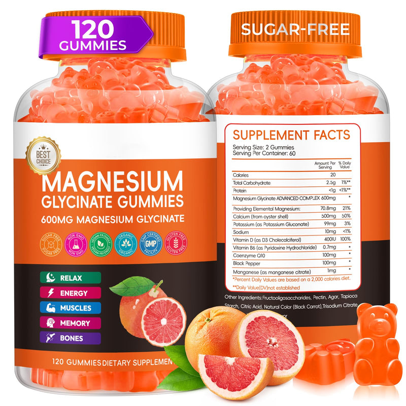 Magnesium Glycinate Gummies, High Absorption Magnesium Complex, Grapefruit | Magnesium Glycinate Gummies with Calcium, Vitamin B6 & D3. Sugar Free Chews, 120 Count, Supports Relaxation & Nighttime 120 Count (Pack of 1)