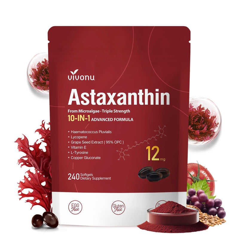 Astaxanthin 12mg, 240 Softgels, Fresh Haematococcus Pluvialis 10 in 1 Astaxanthin Antioxidant Supplements, Contains Lycopene, Grape Seed, Vitamin E, & More Supports Eye, Joints, Skin Health, 1 Bag Red: 1 Bag - BeesActive Australia