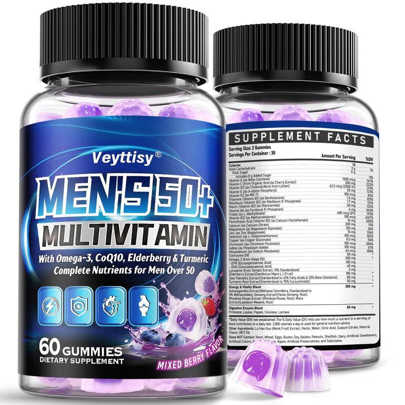 Sugar Free Multivitamin Gummies for Men 50 plus - Methylated Multivitamin | with Omega-3, CoQ10, Elderberry & Turmeric - Gentle on The Stomach, Vegan, Non-GMO, Gluten-Free, 60 Gummies Mixed Berries 60 Count (Pack of 1)