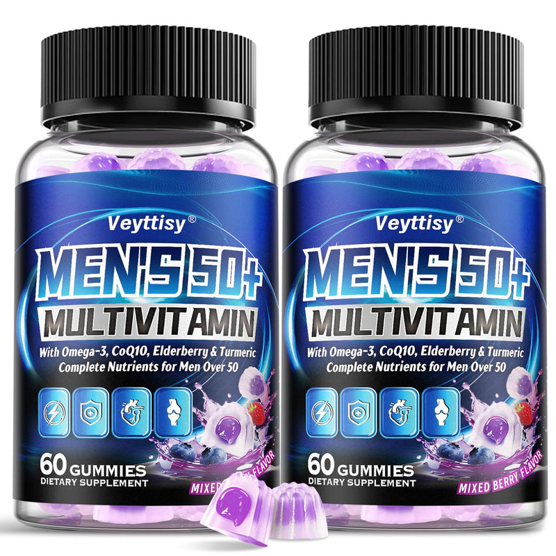 Sugar Free Multivitamin Gummies for Men 50 plus - Methylated Multivitamin | with Omega-3, CoQ10, Elderberry & Turmeric - Gentle on The Stomach, Vegan, Non-GMO, Gluten-Free, 120 Gummies Mixed Berries 60 Count (Pack of 2)