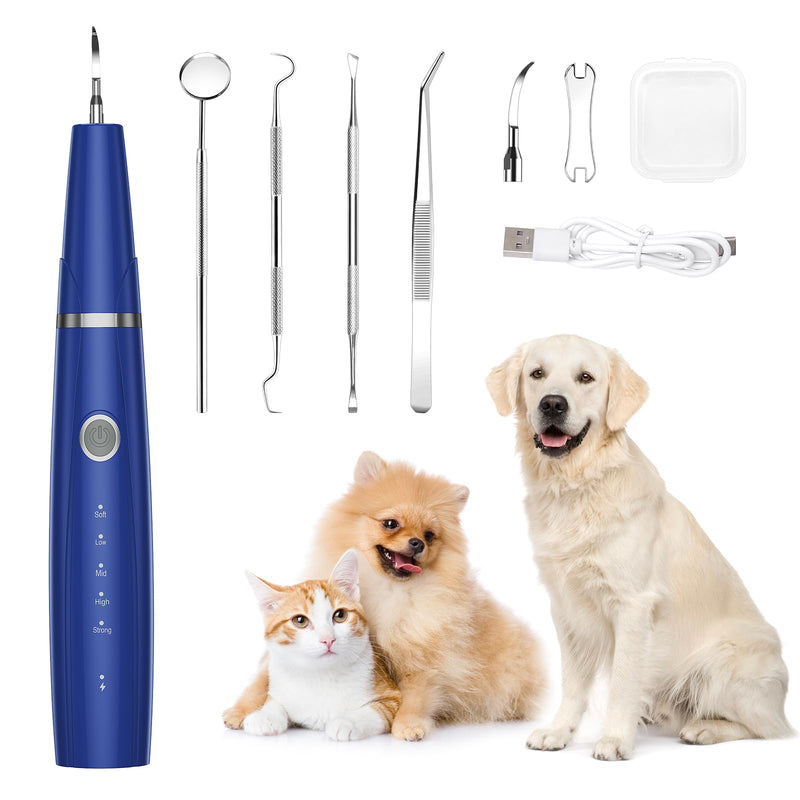 AMIR Ultrasonic Pet Plaque Remover, Electric Teeth Cleaning Kit for Dogs & Cats with 5 Modes, LED Light, IPX6 Waterproof, USB Rechargeable Toothbrush Cleaner for Dogs Cats (Blue)