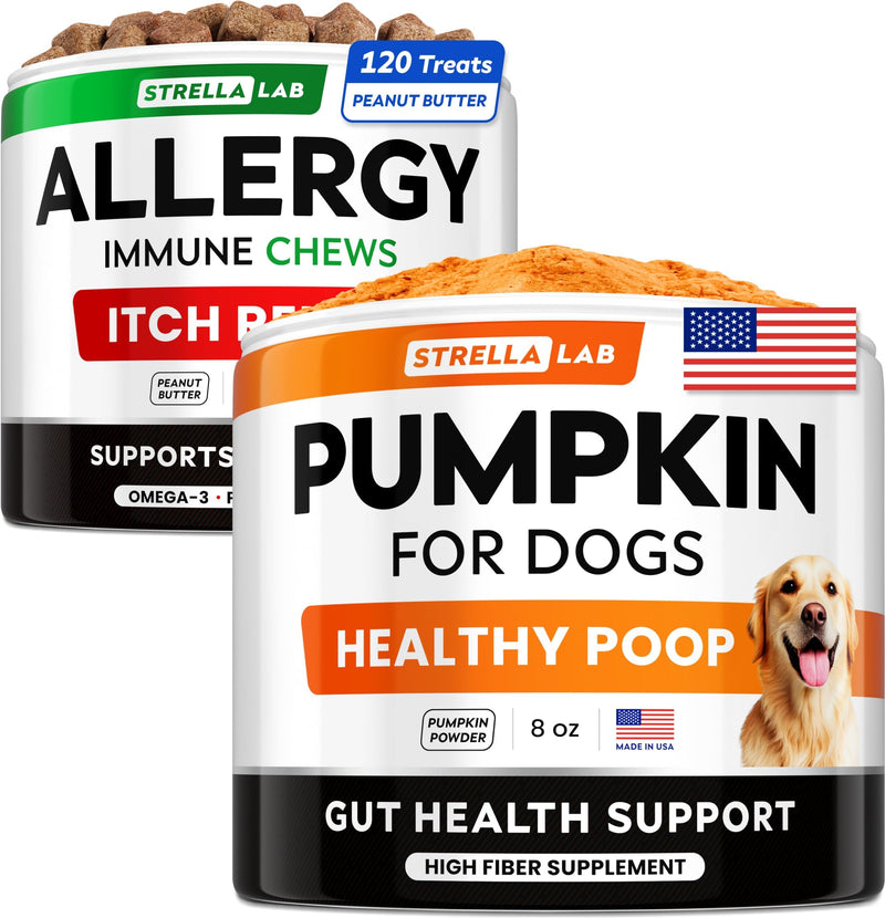 Allergy Relief Treats + Pumpkin for Dogs Bundle - Itchy Skin Relief + Upset Stomach - Omega 3 + Enzymes + Turmeric + Pure Pumpkin Powder - Skin & Coat Health + Digestion - 120ct + 8.1oz - Made in USA