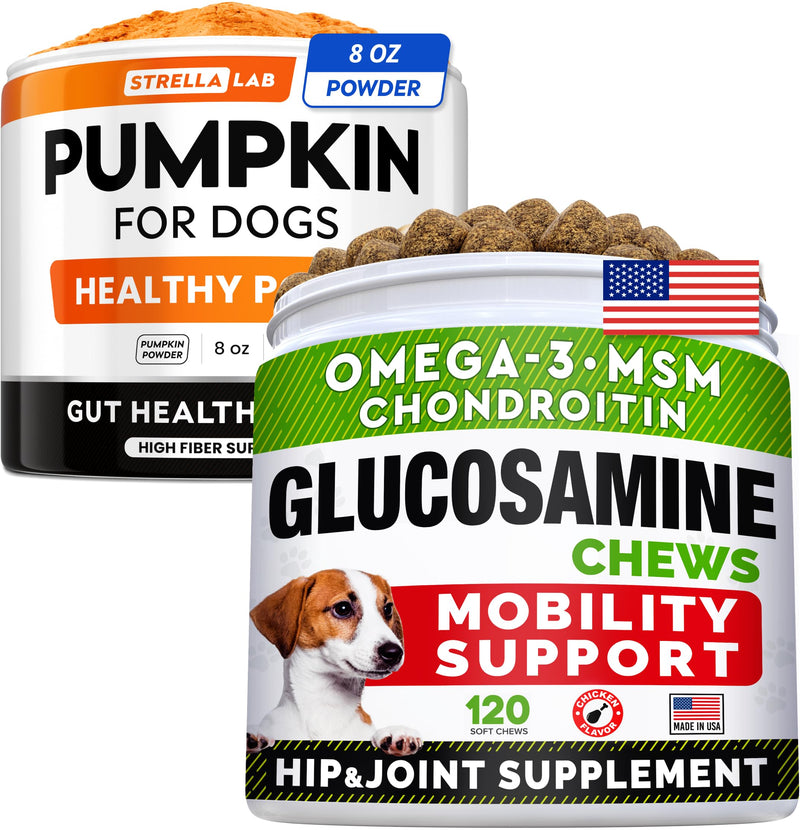Glucosamine + Pumpkin for Dogs Bundle - Hip & Joint Care + Upset Stomach - Omega-3 Oil,Chondroitin, MSM + Pure Pumpkin Powder - Joint Pain Relief + Digestion Support - 120ct + 8.1oz - Made in USA