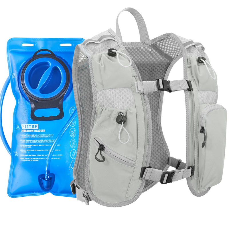Running Vest for Women and Men, Hydration Running Backpack, Runners Vest, Hydration Vest, with Front Phone Holder, Adjustable Chest and Waist Strap Gray White Bladder and Backpack