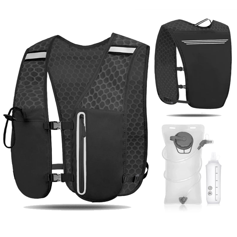 Unisex Running Vest Running Backpack - Adjustable Size Lightweight Trail Hydration Vest with 2L Bladder & 500ml Soft Flask, Mesh, Large Phone Pocket for Night Walking, Marathon(Reflective Strips)