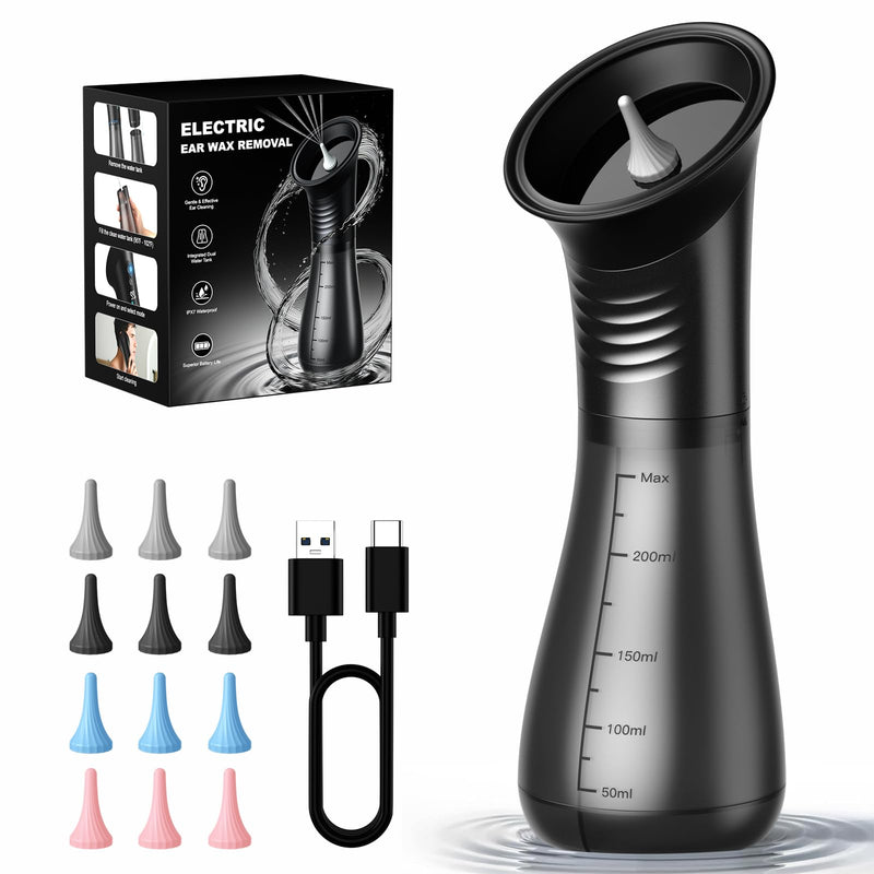 Ear Wax Removal, Electric Ear Cleaner with LED Display & Dual Tank, Ear Irrigation Kit Includes 12 Tips, IPX7, Safe & Effective Cleaning for Adults & Kids, Easy to Use Black