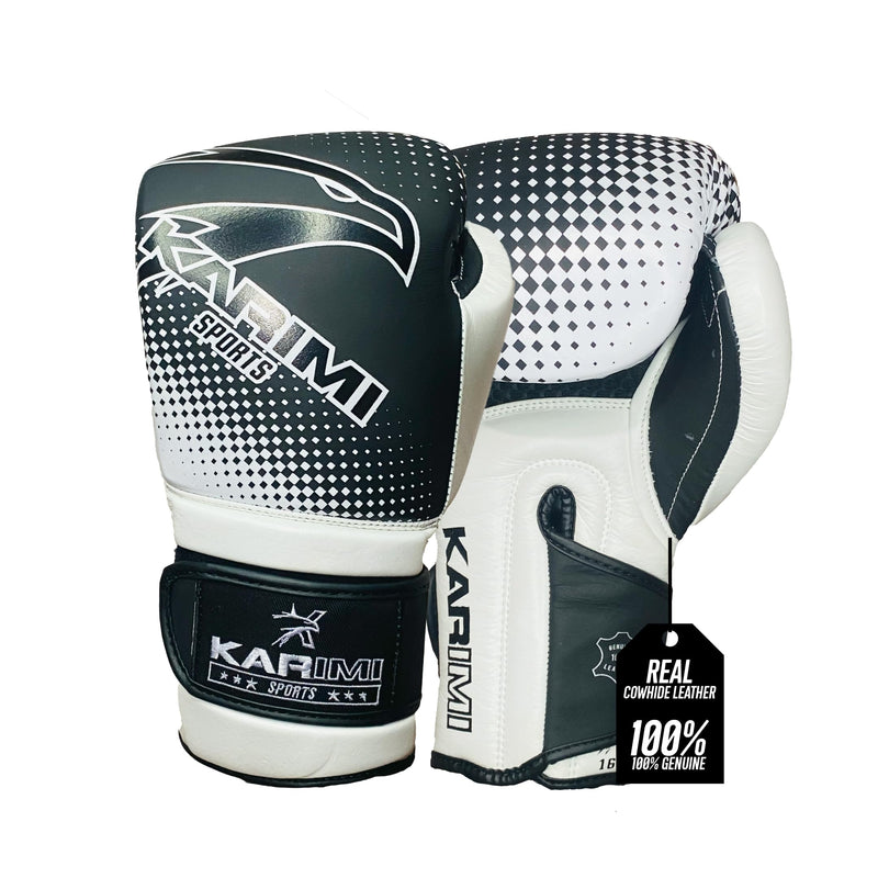 100% Genuine Leather Elite Force Boxing Gloves for Men & Women, 5-Layer Padding, Wrist Support, Mesh Palm – for Boxing, MMA, Kickboxing, Muay Thai, Training, Sparring Black/White 16oz