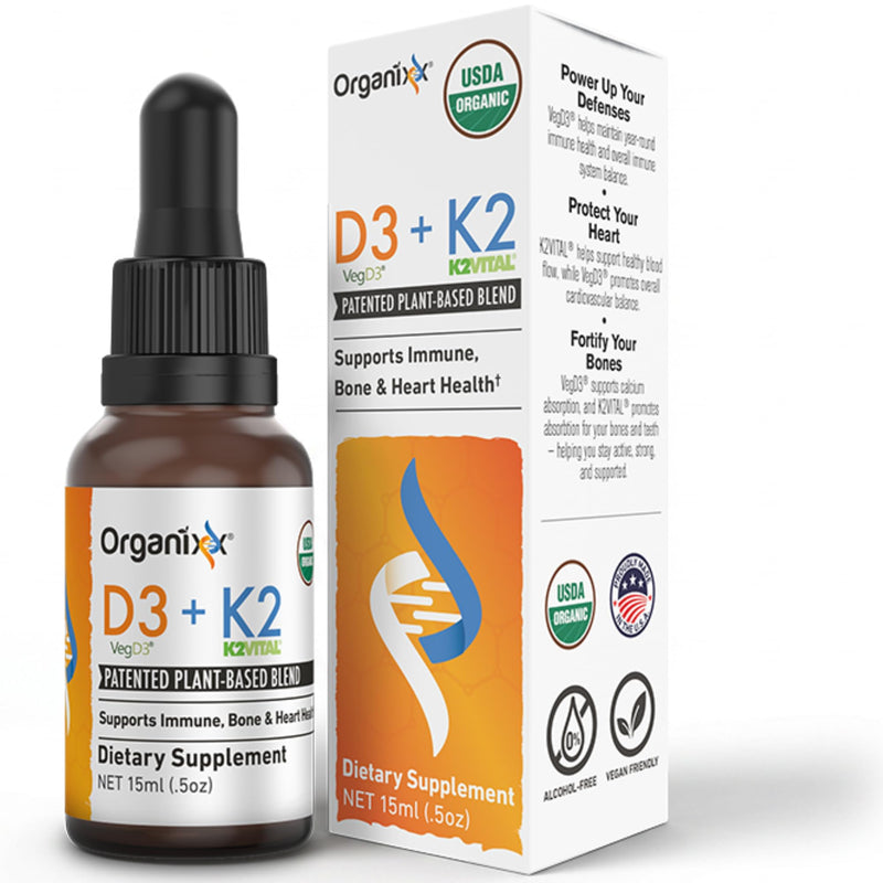 Organixx D3 K2 Supplement, Bone & Immune Health, MCT Oil, 30 Serv | Bioavailable D3 & K2 in MCT oil, Vitamin K2 directs calcium to bones; supports bone density, immune health & wellness