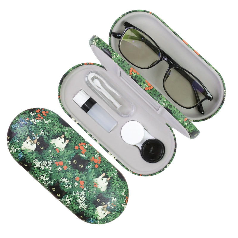 2 in 1 Contact Lens Case and Eyeglasses Case for Women Men Kids, Double Sided Hard Shell Portable Glasses Travel Holder with Built-in Mirror, Contact Lens Box Storage Kit (Green Cat) Green Cat