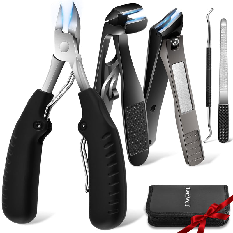 TwinWolf Toenail Clippers for Seniors Thick Ingrown Toenails,Heavy Duty Slanted Curved Blade Cutters for Fingernails, Large Ultra Sharp Nail Clippers Set with Wide Jaw for Men Women,5 Pcs,Black 5PCS