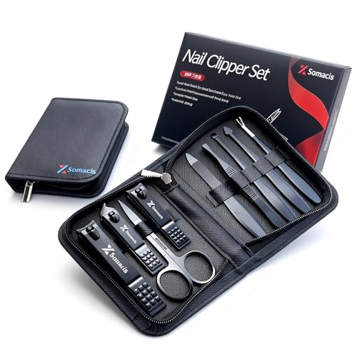 Manicure Pedicure Set, 9pcs Stainless Steel Nail Clippers Grooming Kit, Professional Complete Manicure Kit for Men, Mini Travel Nail Care Tools with Bag (Black)