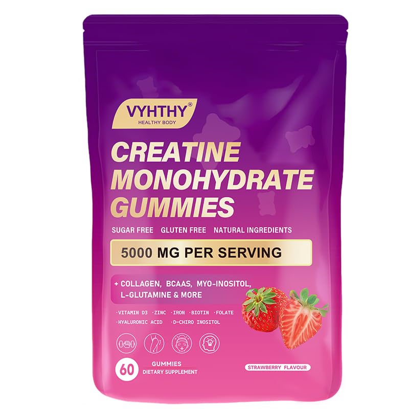 Creatine Monohydrate Gummies – with Collagen, BCAAs, L-Glutamine, Biotin, Zinc, Vitamin D3 & Hyaluronic Acid – Daily Pre & Post Workout Recovery, Sugar-Free (60 Gummies) 60 Count (Pack of 1)
