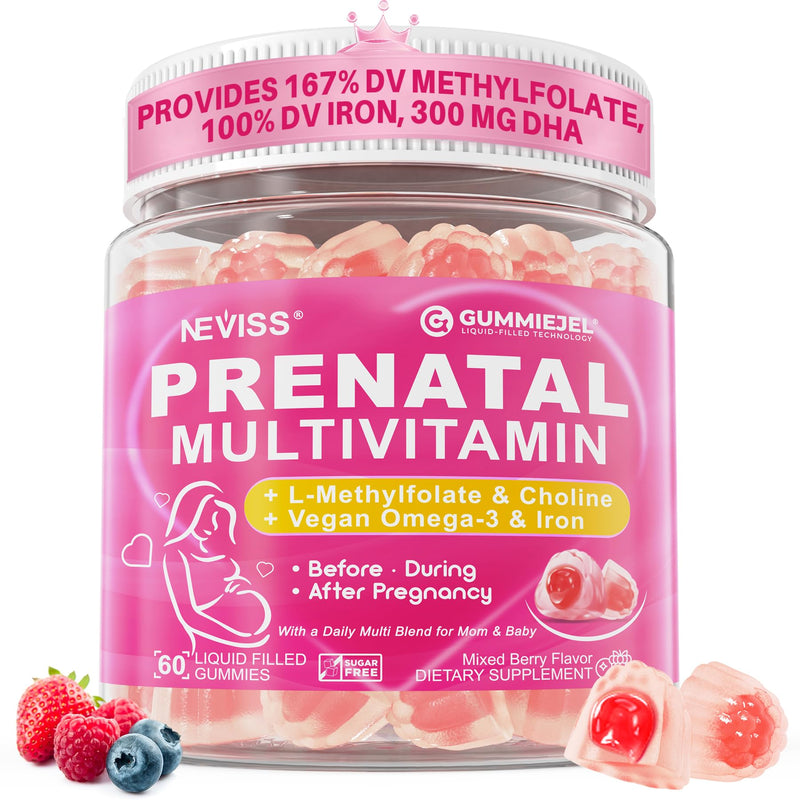 NEVISS Prenatal Vitamins for Women Gummies w/Methylfolate DHA Iron Choline | Prenatal Gummies w/ Vegan Omega-3, Iodine, Biotin, B12 for Prenatal, Pregnancy, Postpartum, Vegan Non-GMO, Sugar Free, 60Cts 60 Count (Pack of 1)
