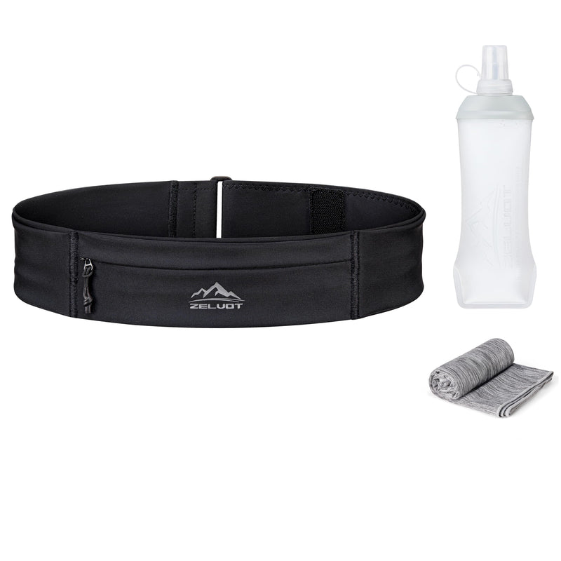 Running Belt with 400ml Water Bottle, Adjustable Running Fanny Pack with Phone Holder and Gym Towel, Waterproof Belt Bag for Women Men for Jogging Hiking Marathon (Black, M/L) - BeesActive Australia
