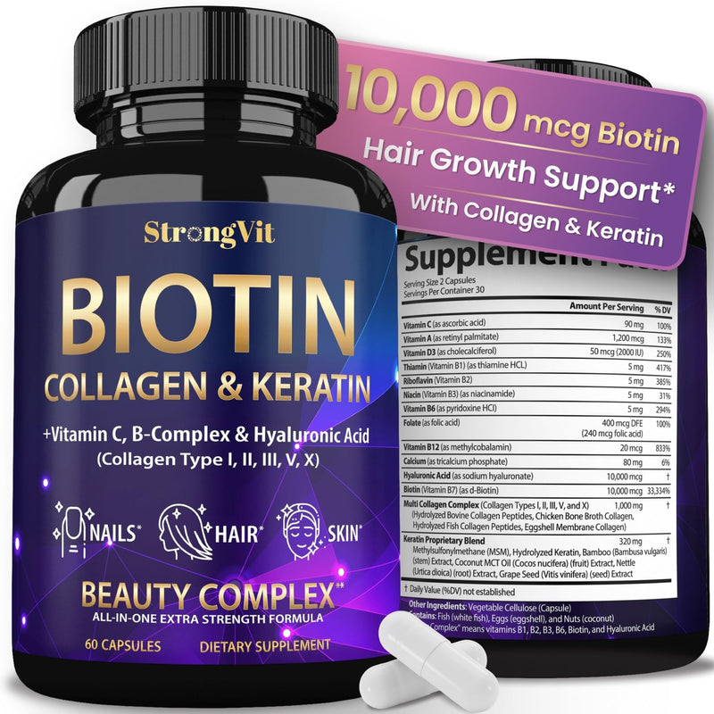 StrongVit Biotin with Hyaluronic Acid, Keratin and Collagen Supplements - 10000mcg for Hair Growth Women and Men - Hair Skin and Nails Vitamins - 60 Capsules 60 Count (Pack of 1)