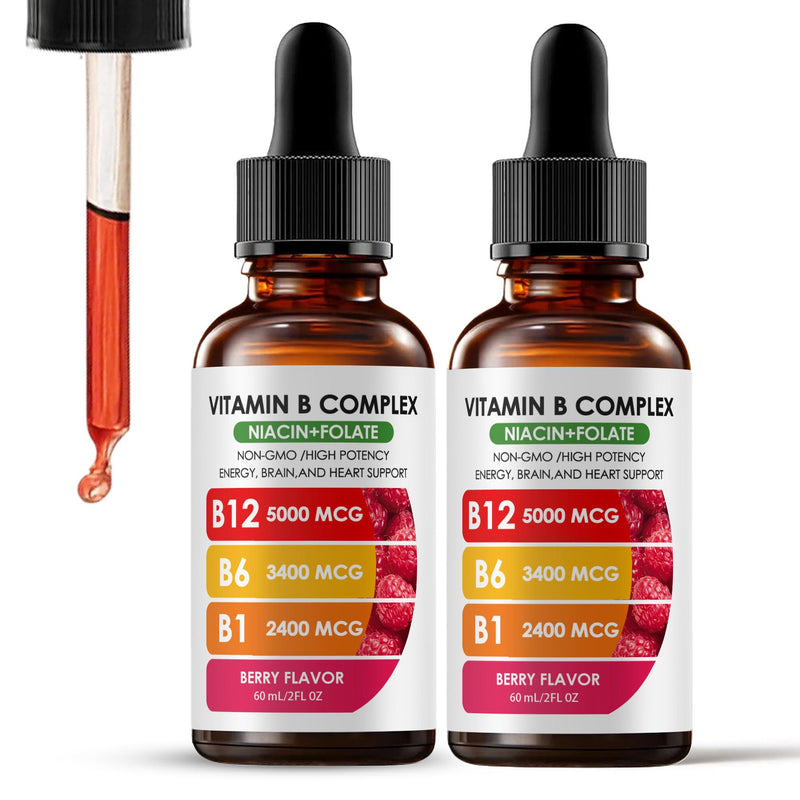 Vitamin B12 Complex with B1, B6, Vitamin B12 Raspberry Liquid Supplement, Essential Vitamin 5-in-1 Vitamin B Complex Liquid Drops, Brain Function, Focus, and Natural Energy Support (2PCS)