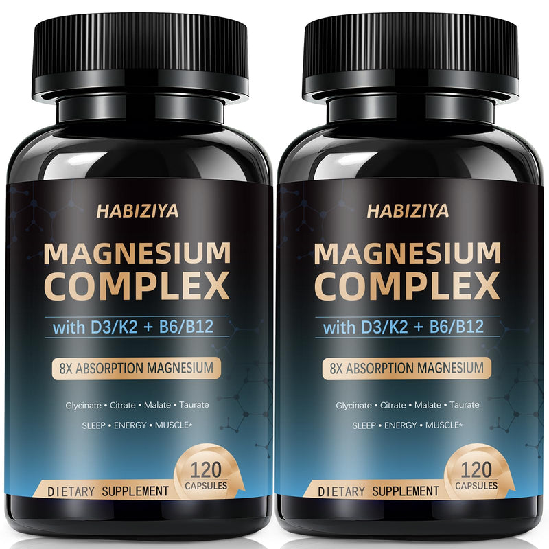 (Pack of 2) Magnesium Complex Supplement 600mg with with D3 K2 MK7 & B Vitamins High Absorption Capsules with Glycinate, Citrate & Malate,Taurate Relaxation,Muscle,Heart Support, Vegan 120 Capsules 120 Count (Pack of 2)