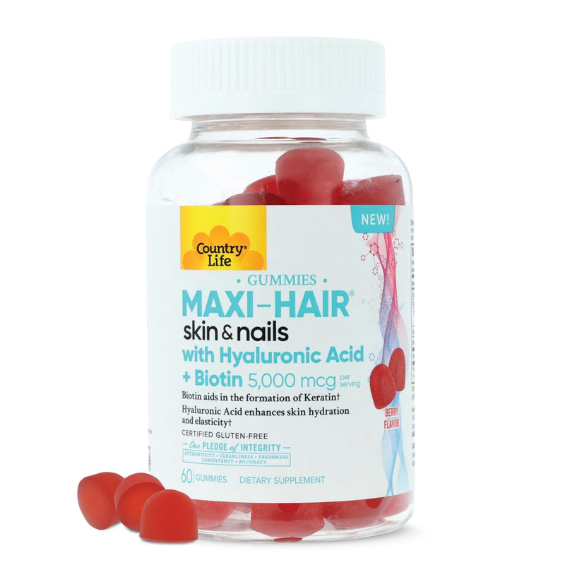 Country Life Maxi-Hair Skin & Nails Gummies with Biotin, 60 Count | Berry Flavored gummies with5,000 mcg biotin and hyaluronic acid to support healthy hair, skin, and nails