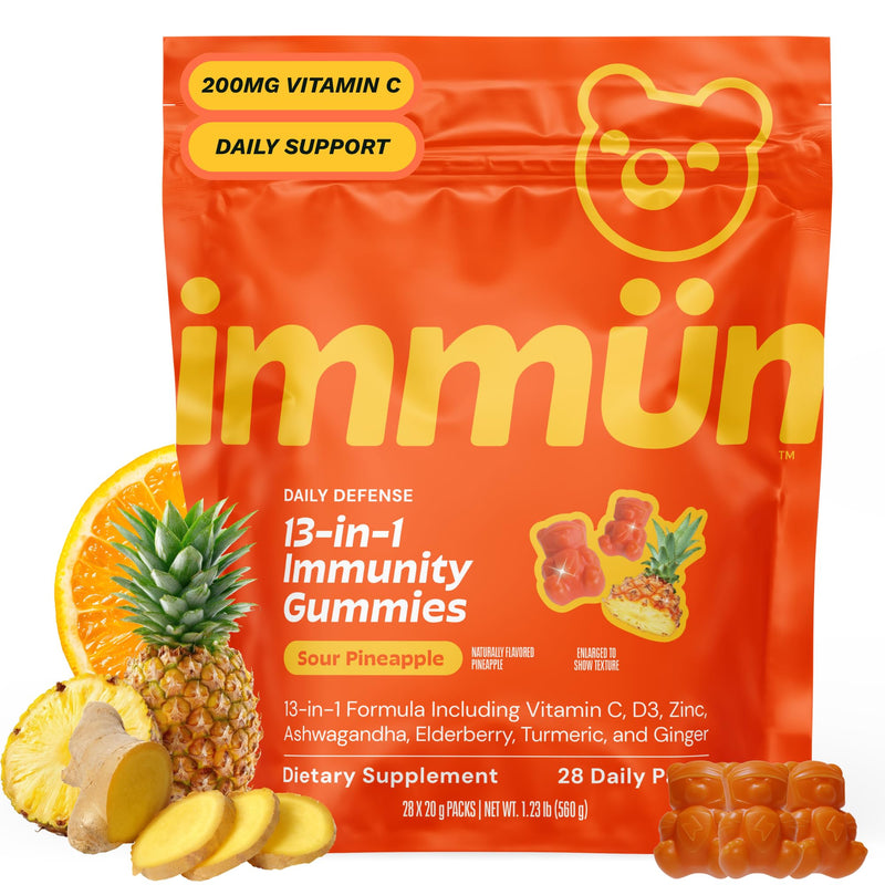 Grüns Immun Immunity Gummies with Vitamin C, Daily Immune Support, 28 ct | Ashwagandha, Prebiotic Fiber, Elderberry, Turmeric, Black Pepper, Vitamin D3 for Comprehensive Immunity Low Sugar 28 Count (Pack of 1)