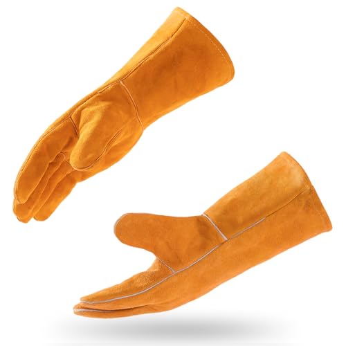 14IN Welding Gloves 932℉ Fire & Heat Resistant - Premium Leather Forge Gloves for Welder, Blacksmith, Fireplace, Wood Stove, Fire Pit, Grilling, Furnace 14IN Brone