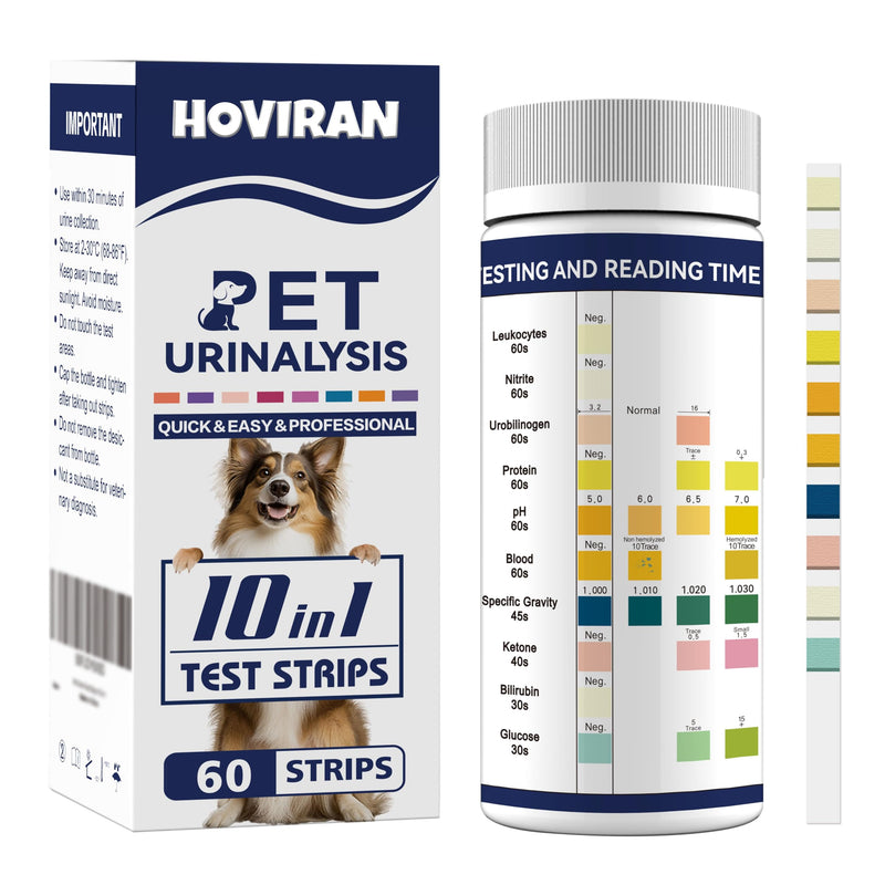 10-in-1 Cat & Dog Urine Test Strips, Cat & Dog UTI Test Kit, Pet Urinalysis Reagent Strips Diabetes, Glucose, Nitrite, Specific Gravity, pH, Protein, Leukocytes & More (60 Strips) - BeesActive Australia