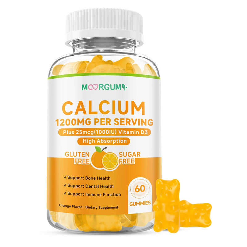 Calcium Citrate Gummies for Kids, Adult - 1200 mg with Vitamin D3 1000IU - Support Bone, Teeth, Immune Health, High Absorption Calcium and Vitamin D Supplement, Orange Flavor, 60 Count 60 Count (Pack of 1)