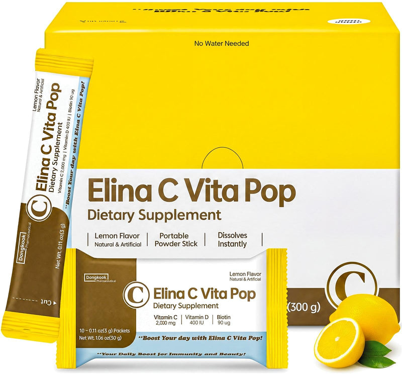 DONGKOOK Vita Pop Korean Vitamin C 2,000mg Powder Zero Sugar Vitamin D & Biotin Stick, Lemon Energy Drink Power Mix, Vitamin C Supplements, Immune Support, Antioxidant, Korean Supplements 100 Packets 0.11 Ounce (Pack of 100)