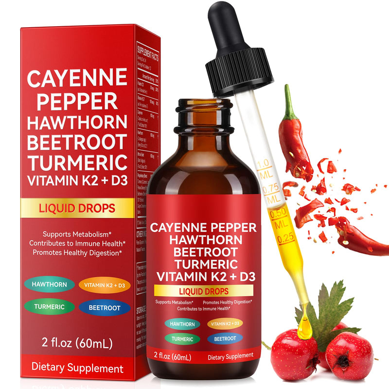 Cayenne Pepper Drops, Cayenne Pepper Hawthorn Beet Root Turmeric Vitamin K2 & D3 Liquid Supplements, Includes Hawthorn, Beet Root & Turmeric, 60ML