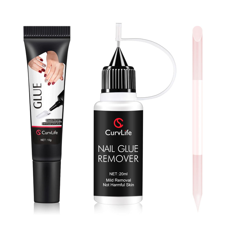 Curvlife 10g Semi Solid Nail Glue Gel and 20ml Pinpoint Nail Glue Remover Kit for Press On Nails, Cuticle Pusher with Czech Glass File & for Flawless Application & Removal - BeesActive Australia