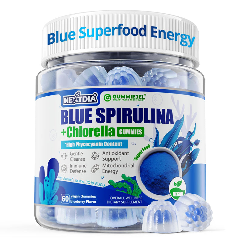 Organic Blue Spirulina Gummies, High Phycocyanin from Nutrient-Rich Blue-Green Algae for Antioxidants, Cellular Energy & Cleanse, Superfood w/Chlorella, CoQ10 & VC,Taurine,Green Tea, Sugar Free, 60 Ct 60 Count (Pack of 1) - BeesActive Australia