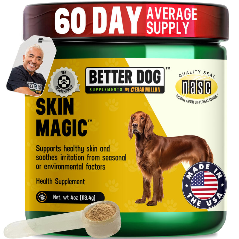 Better Dog Supplements by Cesar Millan® Skin Magic – Natural Skin and Coat Supplement for Dogs Irritation from Seasonal Factors, Hot Spots, & Itch Relief Dog Skin Supplement – 4oz (60-Day Supply)