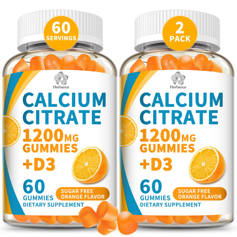 (2 Pack) Calcium Citrate 1200 mg Gummies with Vitamin D3, High Absorption Calcium Supplements for Women & Men, Sugar Free, Non-GMO, Gluten Free, Supports Muscle & Immune - Orange Flavor 60 Count (Pack of 2)